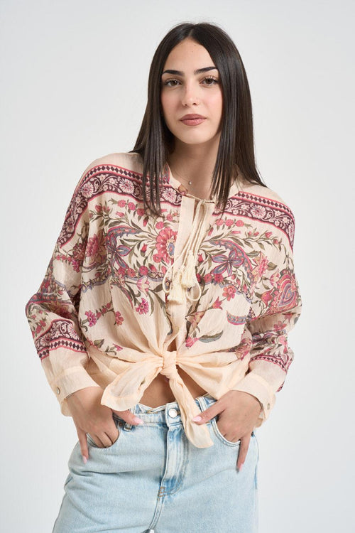 Blusa donna fantasia floreale beige e rosa