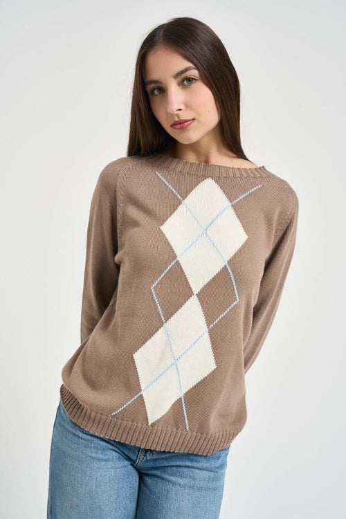Maglia donna girocollo con rombi fango - 1