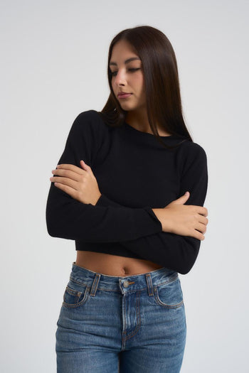 Maglia donna girocollo cropped nera - 3