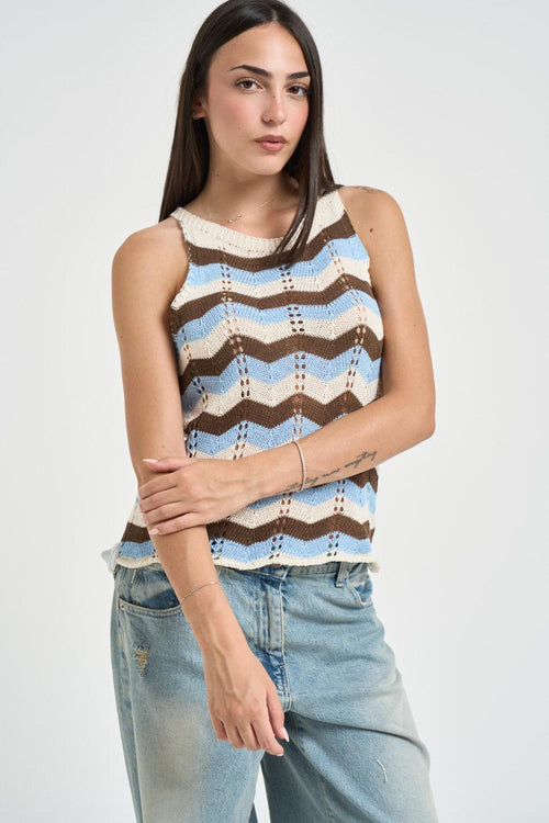 Top donna in maglia traforata moro e celeste