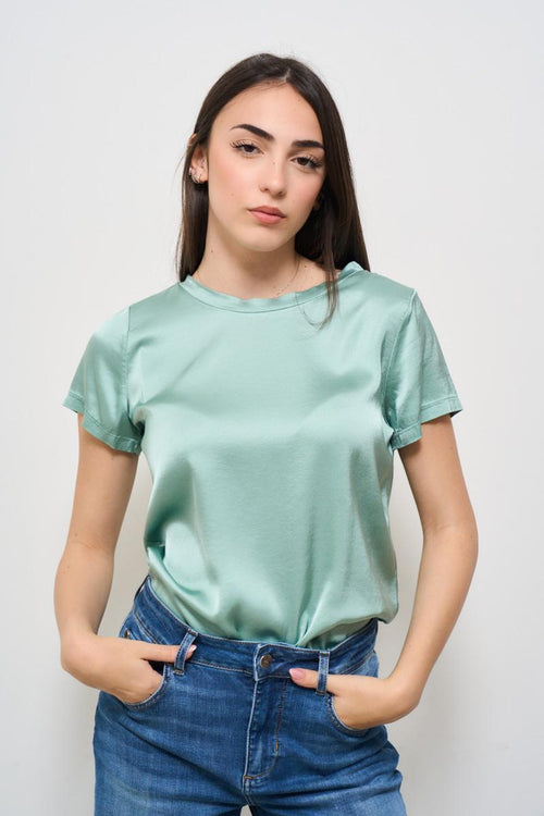 T-shirt donna girocollo satinata celeste