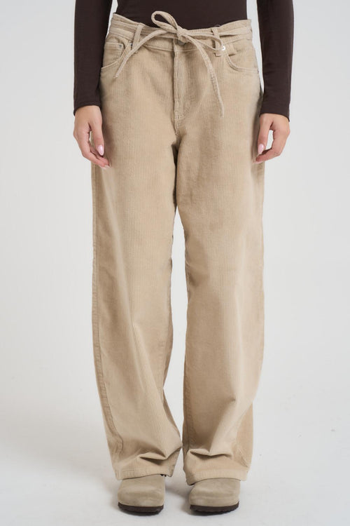 Pantalone donna a palazzo in velluto a costine beige