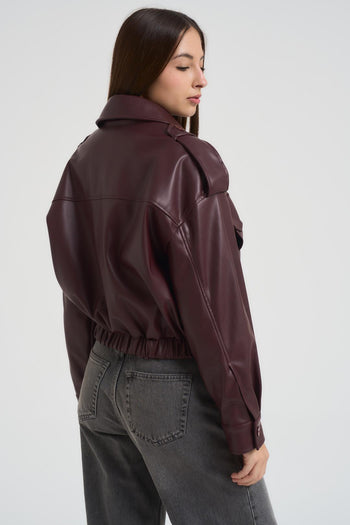 Bomber corto donna in ecopelle bordeaux - 4