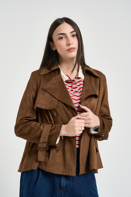 Trench donna corto in suede marrone - 2