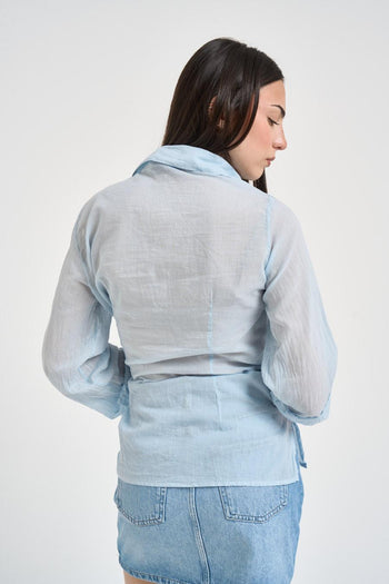 Camicia donna in cotone con fiocco celeste - 4