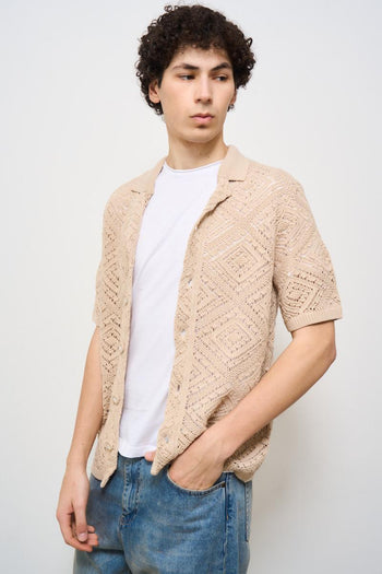 Camicia uomo traforata beige - 4