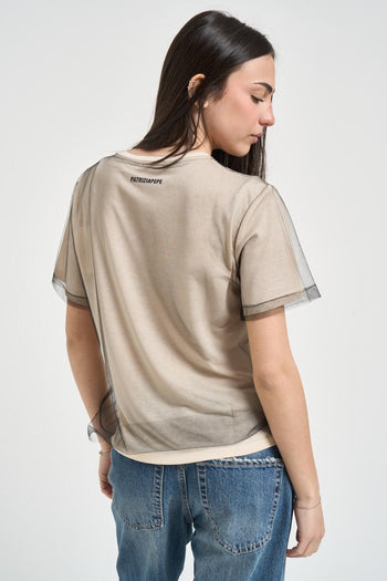 T-shirt donna sovrapposizione in tulle beige - 3