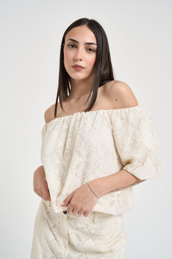 Set coordinato top e pantalone in pizzo panna - 3