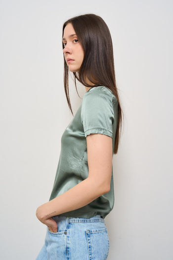 T-shirt donna girocollo verde satinata - 3