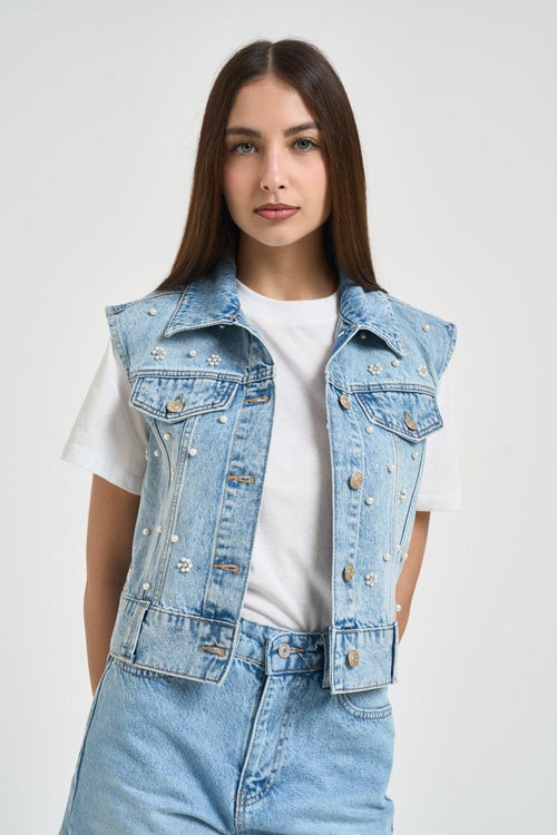Gilet donna in denim azzurro con perle - 2