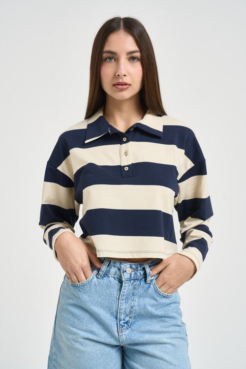 Polo donna a righe blu e panna