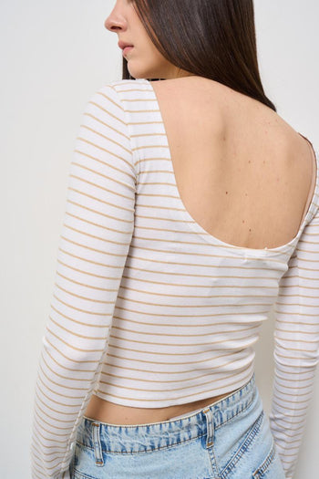T-shirt donna a righe beige - 4