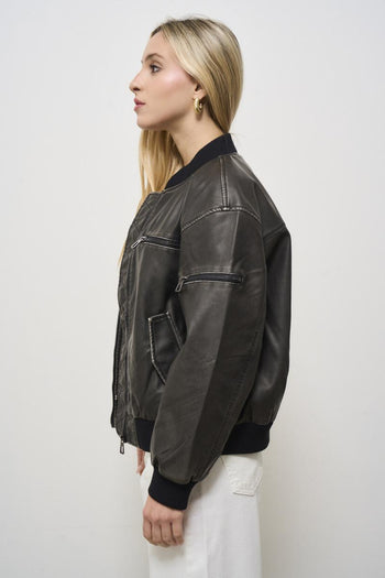 Women's black faux leather bomber jacket - 5