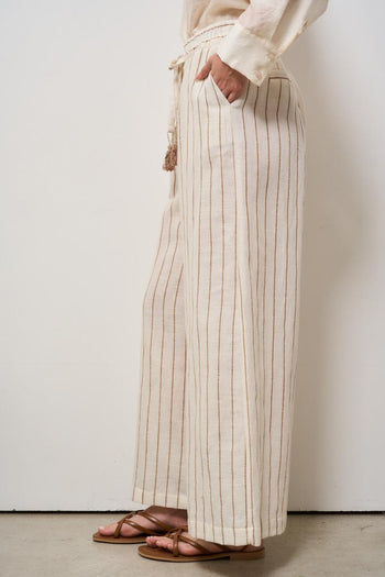 Pantalone donna gessato in lino panna - 3