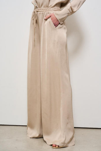 Pantalone donna a palazzo satinato beige - 3