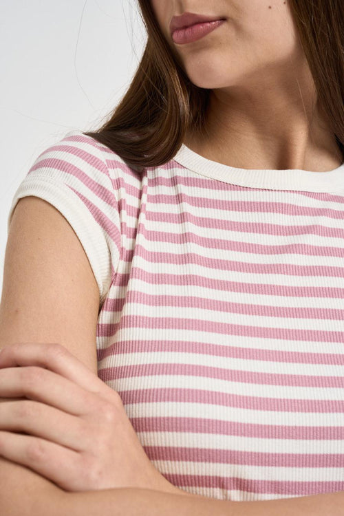 T-shirt donna a righe rosa e bianca - 2