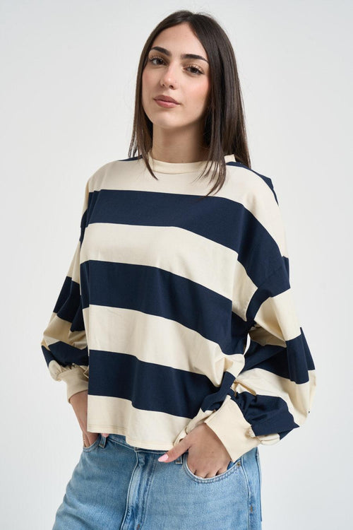 Maglia donna a righe blu e panna