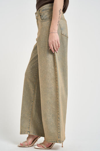 Jeans donna wide leg effetto slavato beige - 3