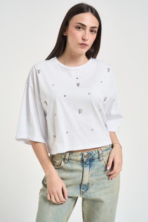 T-shirt donna applicazioni gioiello bianca