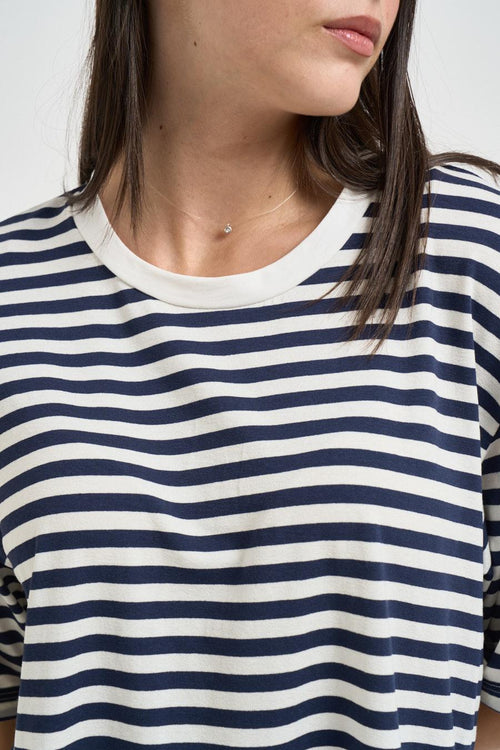 T-shirt donna a righe blu e panna - 2