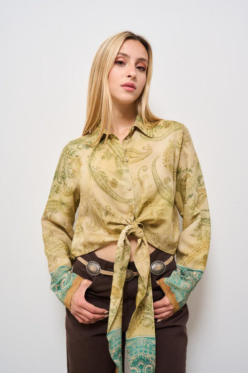 Camicia donna cropped fantasia damascata verde - 2