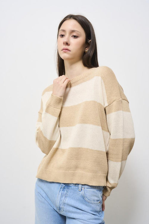 Maglia donna a righe beige