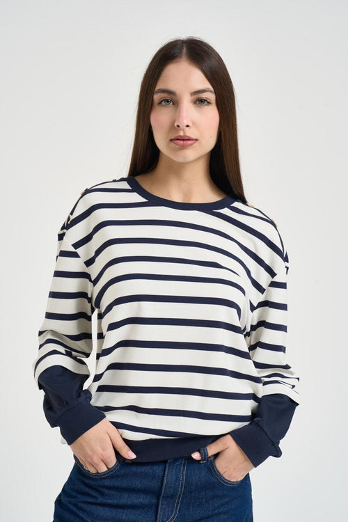 Felpa donna girocollo a righe blu