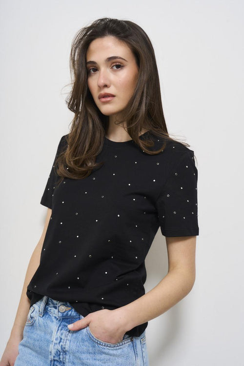 T-shirt donna girocollo nero con glitter