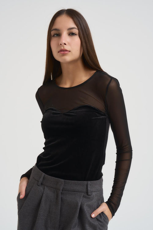 Top donna in velluto e semitrasparente nero