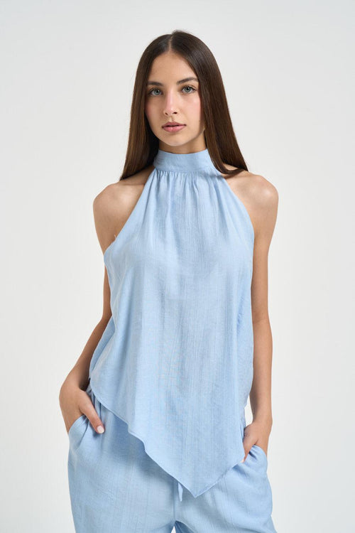 Blusa donna con fiocco sul retro celeste - 2