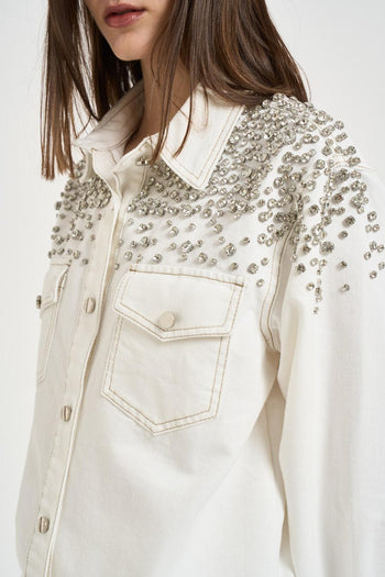 Camicia donna in denim bianca con strass - 4
