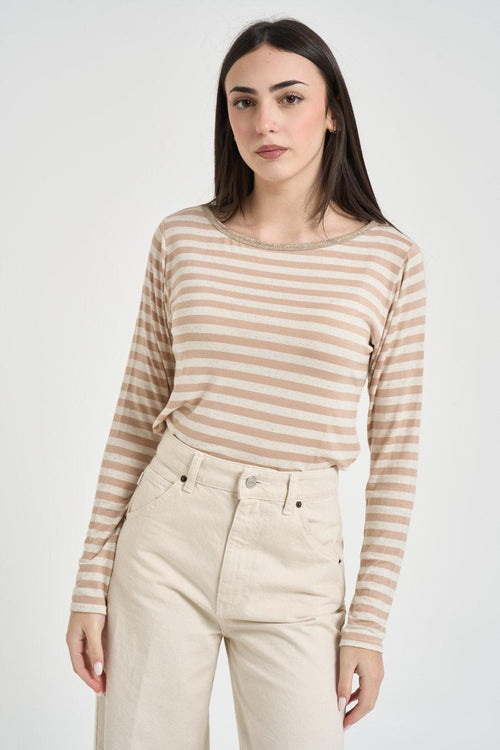 Maglia donna a righe beige e panna - 1