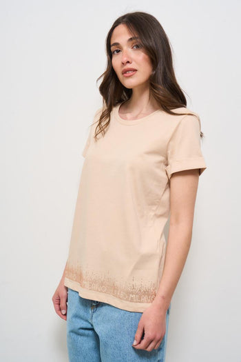 T-shirt donna beige con strass - 5