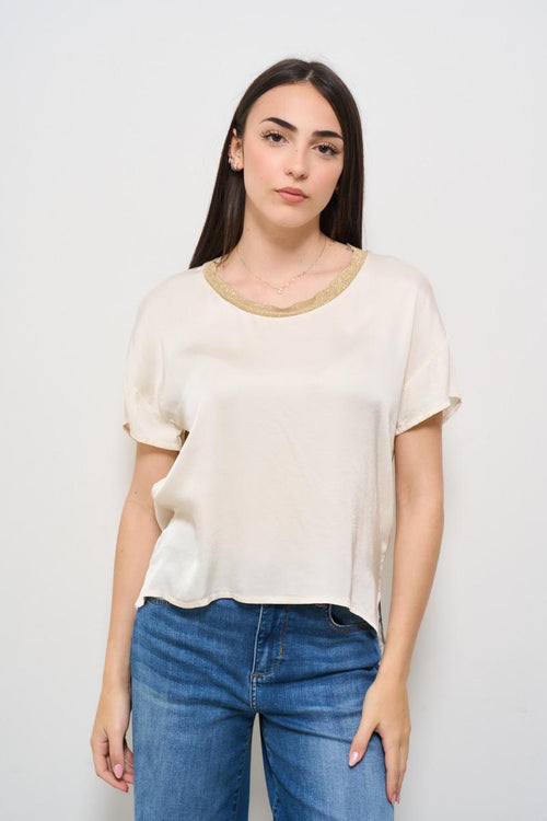 T-shirt donna satinata burro con lurex dorato