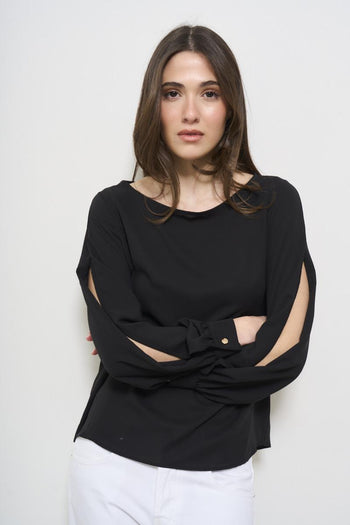 Women's black cut-out crew neck blouse - 3