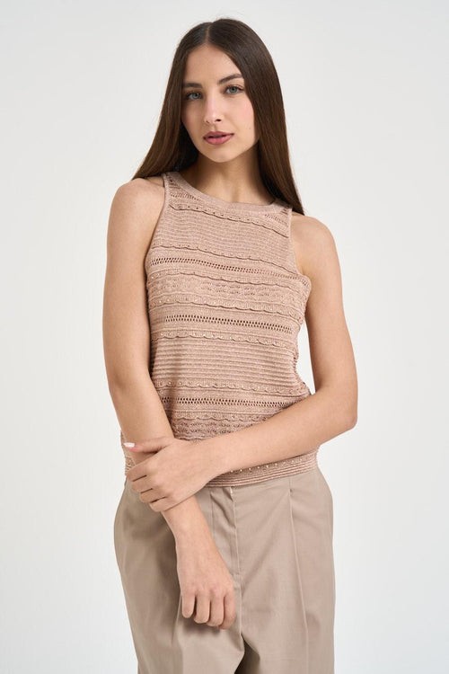 Top donna in maglia traforata rosa cipria