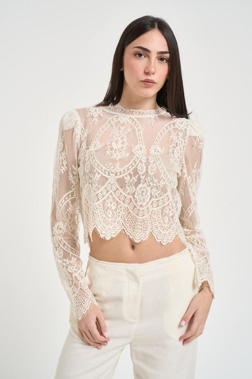 Top donna cropped in pizzo panna - 1