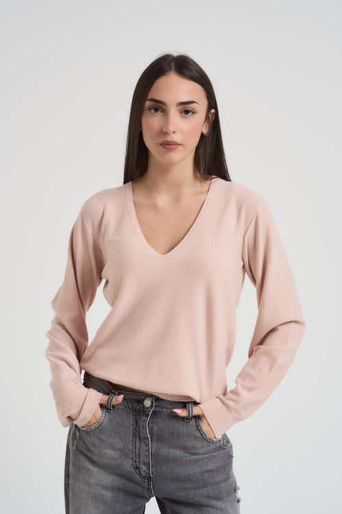 Maglia donna scollo a V rosa cipria