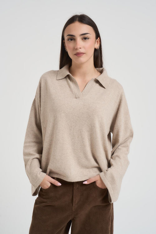 Polo donna scollo a V beige