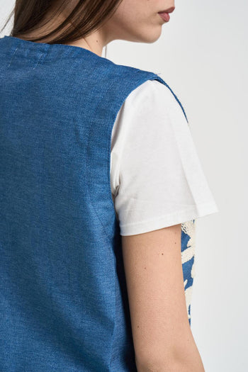 Gilet donna in cotone blu con ricami - 5