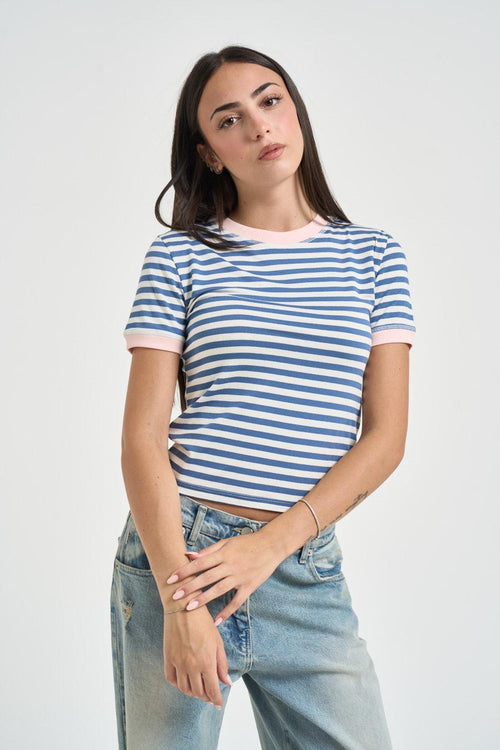 T-shirt donna a righe bianca e blu - 1