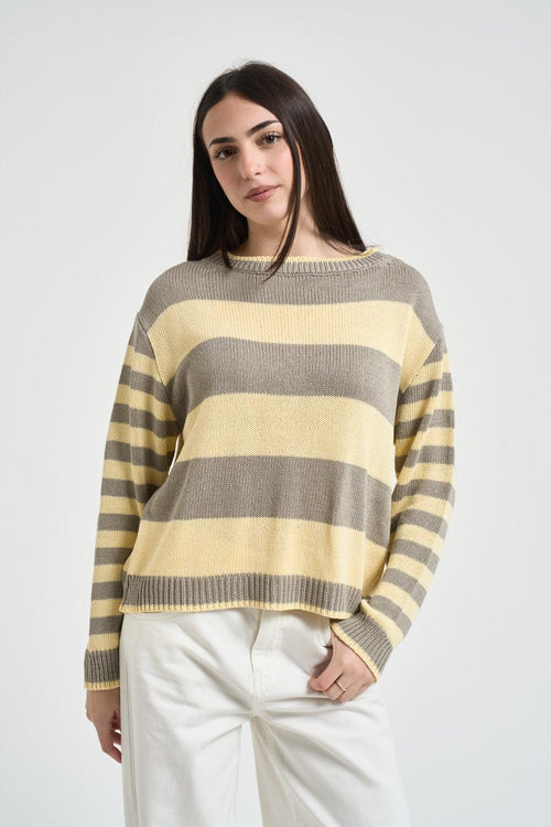 Maglia donna a righe beige e giallo pastello