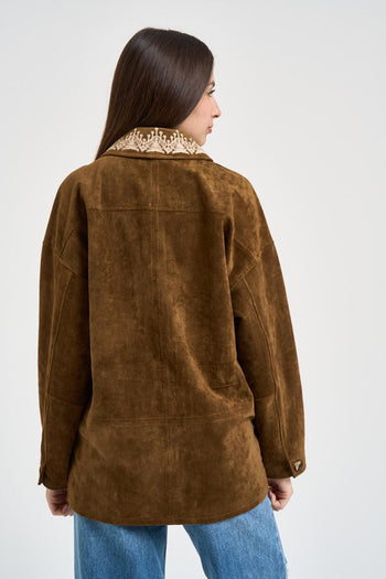 Giacca donna in suede marrone con ricami - 4