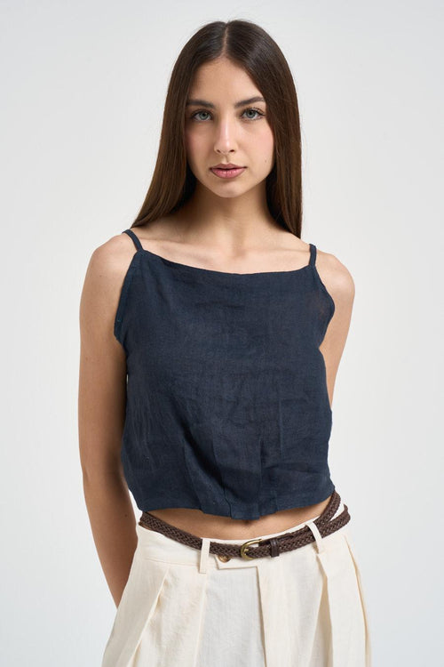 Top donna in lino blu navy