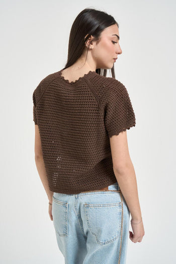 Polo donna in maglia traforata marrone - 3