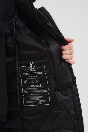 Piumino donna lungo svasato con pettorina e cappuccio in eco pelliccia nero - 6