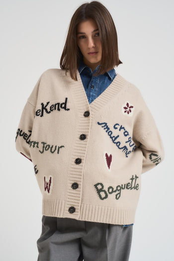 Cardigan donna beige Belgio con scritte ricamate - 3
