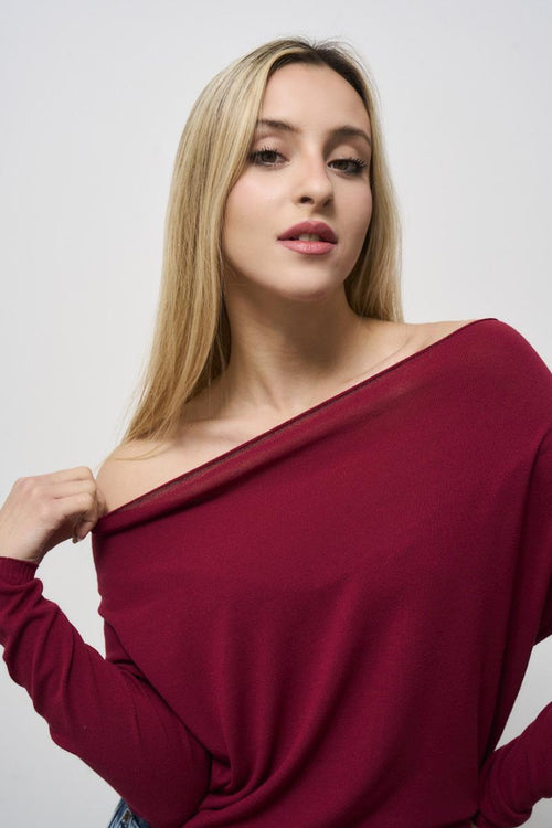 Women's burgundy boat neck sweater - 2