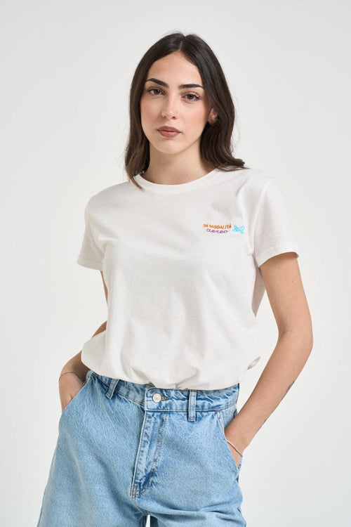 T-shirt donna bianca con ricamo colorato