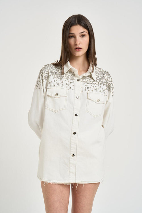 Camicia donna in denim bianca con strass - 2